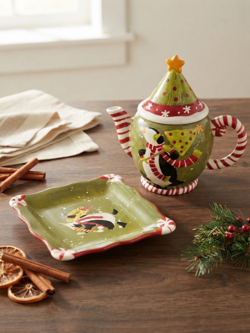 Vintage Debbie Mumm Christmas Holiday Penguin Teapot and Trinket Dish Set Green